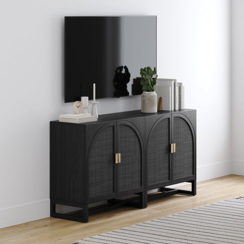 Arched Wooden TV Console Credenza Black Rattan (Set of 2)