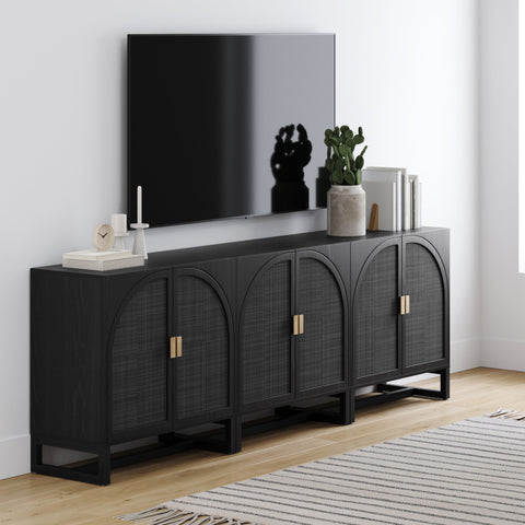 Arched Wooden TV Console Credenza Black Rattan (Set of 3)